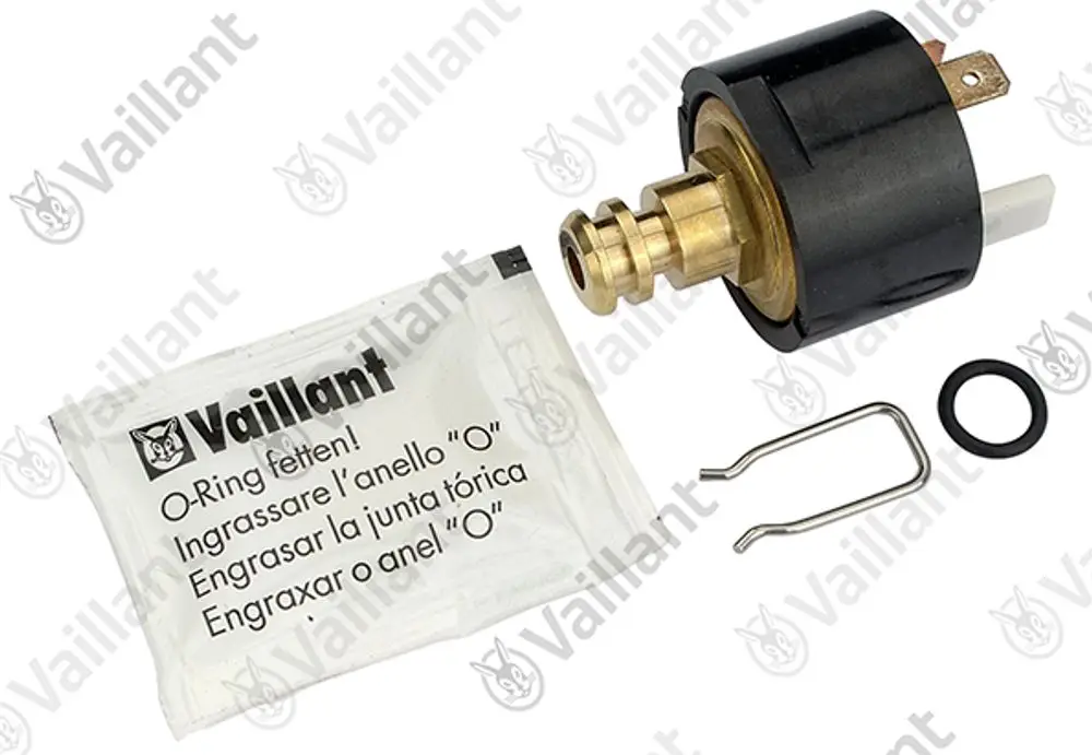 Vaillant Drucksensor mit Anschluss und O-Ring, präsentiert auf einem weißen Hintergrund, neben einer Verpackung mit Anweisungen zur O-Ring Pflege.